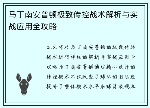 马丁南安普顿极致传控战术解析与实战应用全攻略